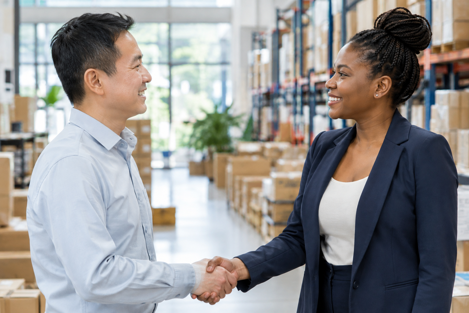 Supplier and buyer shaking hands in a wholesale warehouse