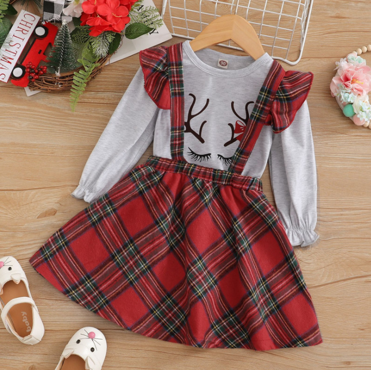 Christmas Style Long Sleeve Letter Print Check Overall Dress Girls Suit
