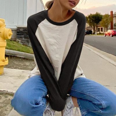 Women's Fashion Casual Solid Color Shoulder Insert Round Neck Long Sleeve