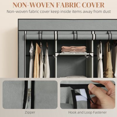 Fabric Wardrobe For Bedroom,Portable Wardrobe With 5 Shelves,2 Hanging Rails And 3 Fabric Drawers,Foldable Closet,125 X 43 X 162.5cm,Light Grey