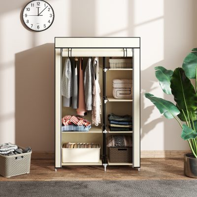 Fabric Wardrobe W/ Shelves Hanging Rail Foldable Wardrobe Cream