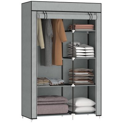 Fabric Wardrobe W/ Shelves Hanging Rail Foldable Wardrobe Light Grey