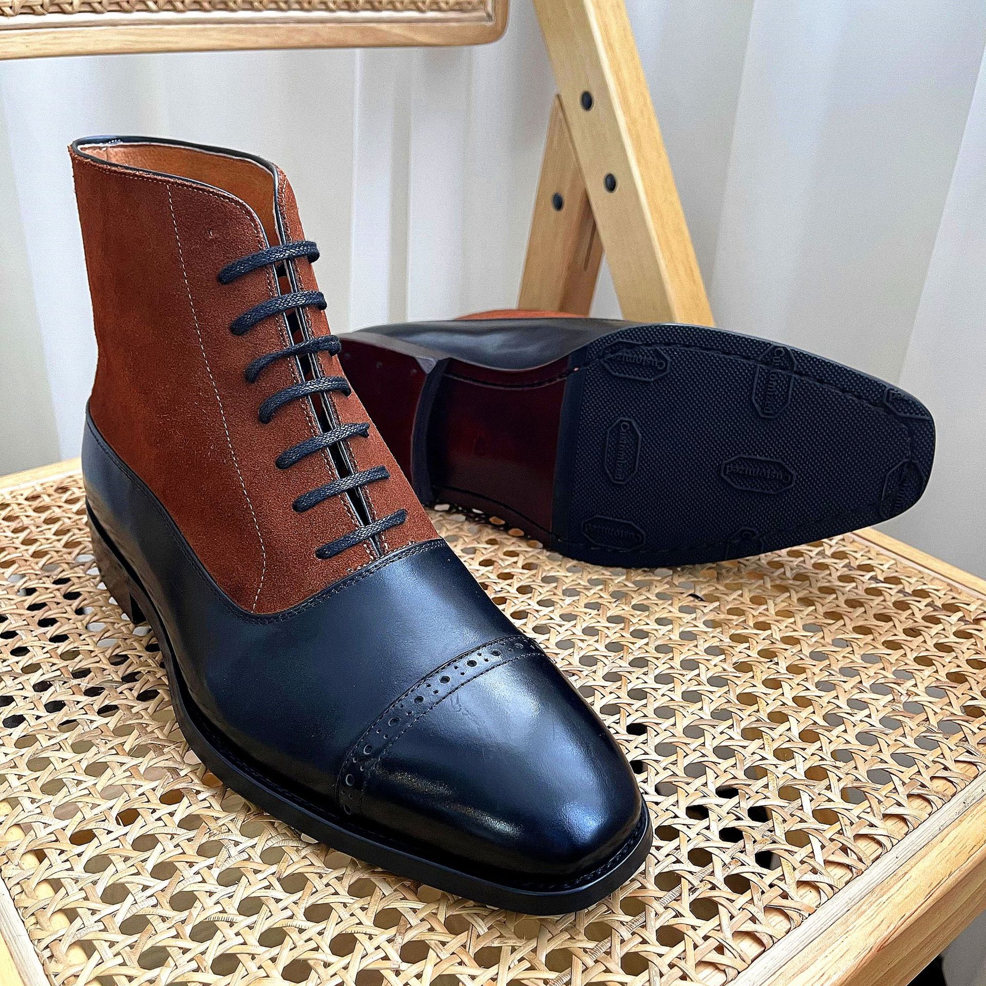 Three-joint Color-block Top Layer Leather Men's Shoes
