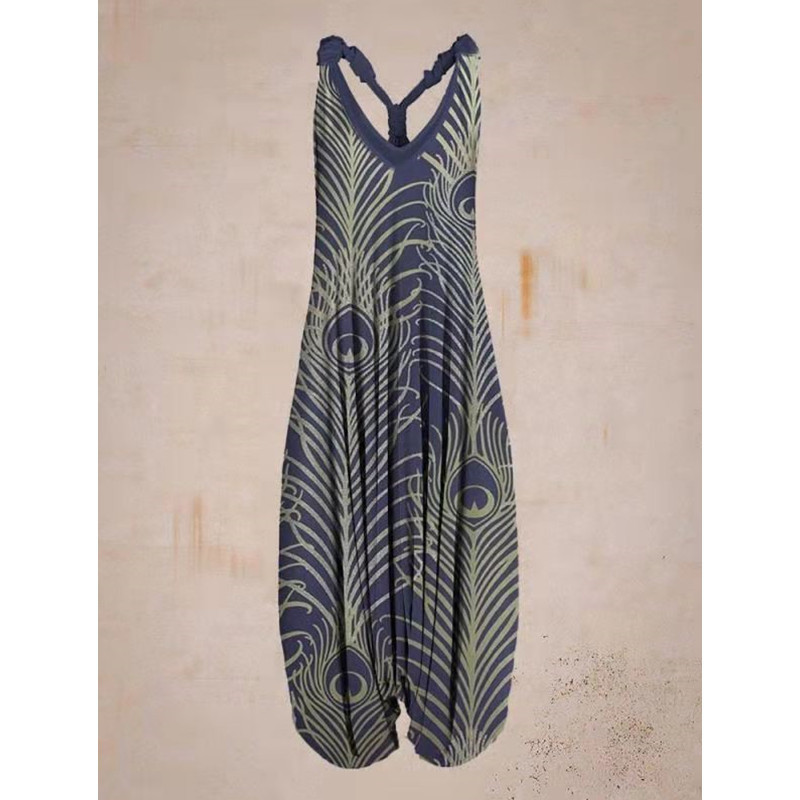 Printed Loose Large Size Haren Pants Beach Suspender Jumpsuit