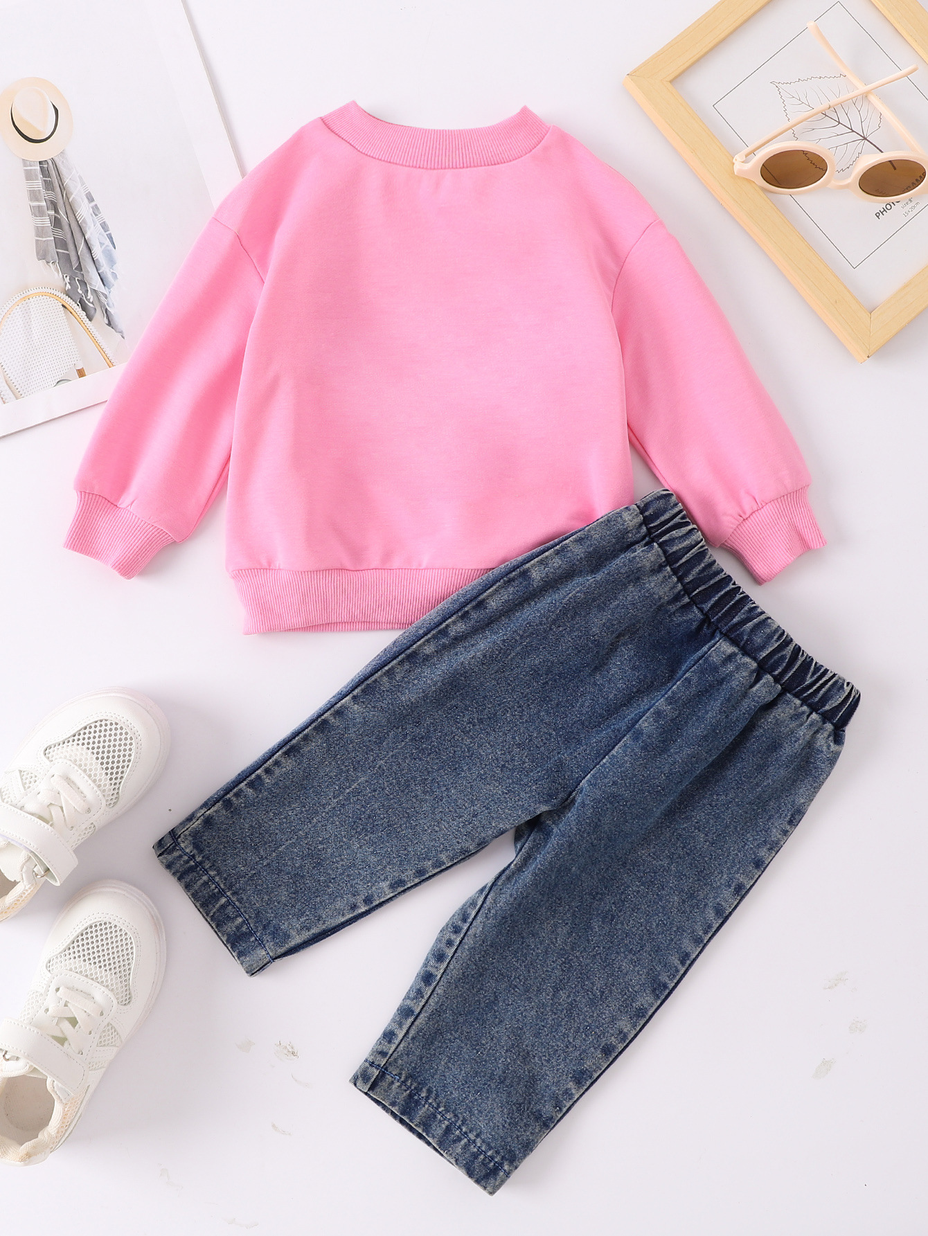Boys And Girls Casual Letter Print Pullover Sweater Jeans Two-piece Set