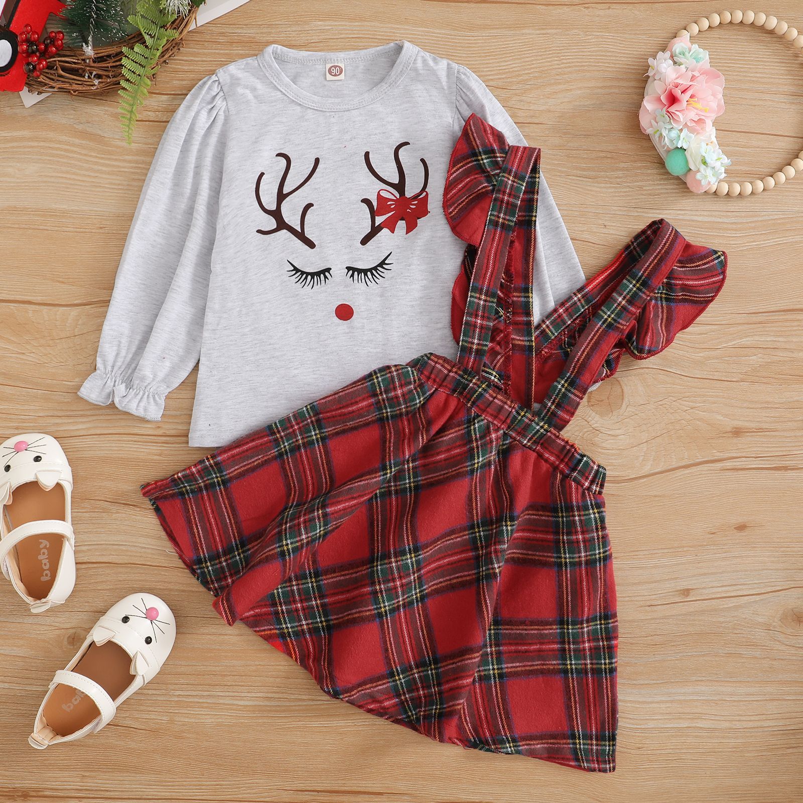 Long Sleeve Letter Print Pullover Check Overall Dress