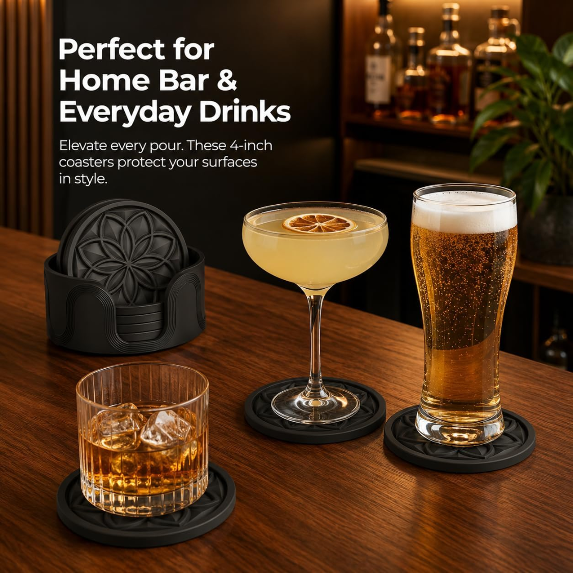 6 Pack Silicone Drink Coasters With Holder For Coffee Table Bar Desk Non-Slip Tabletop Protection Coaster Set For Home And Office