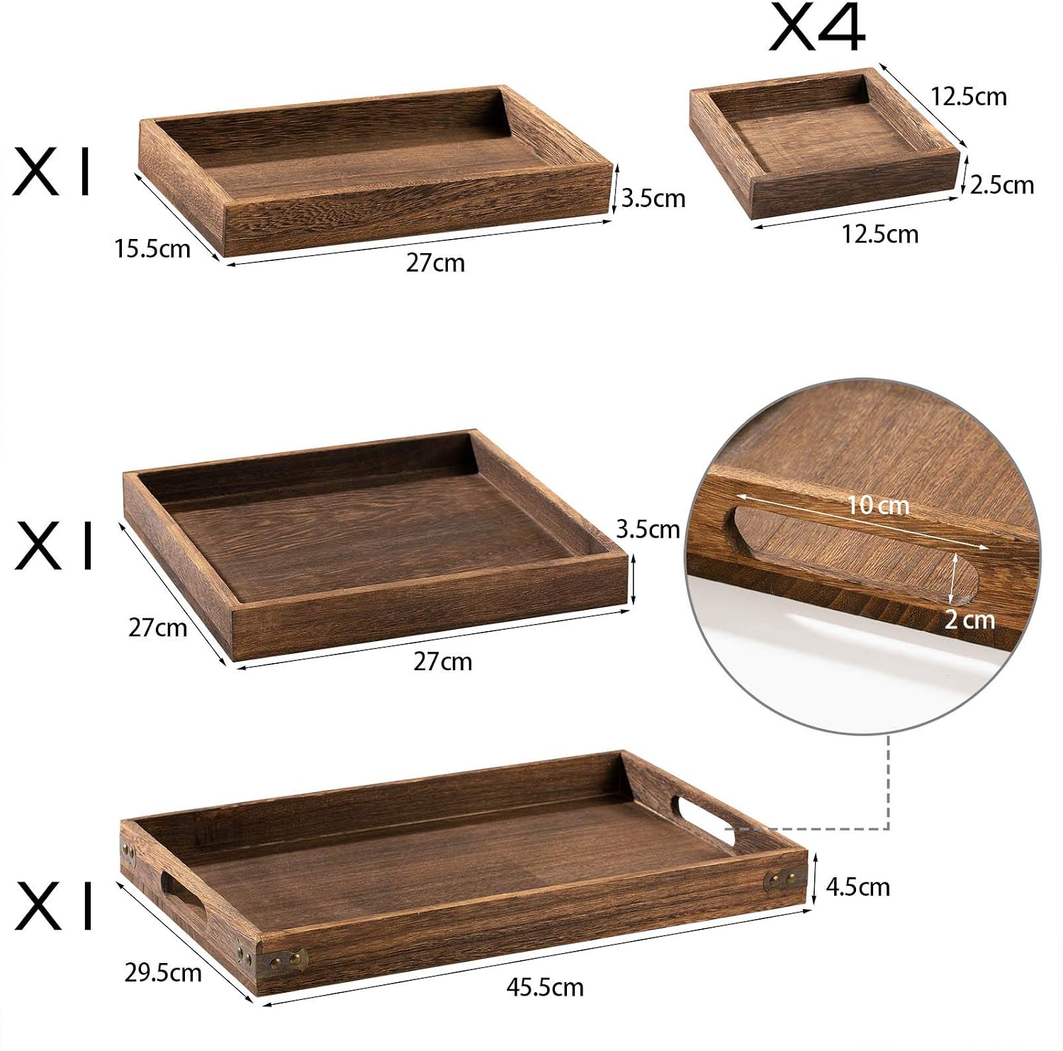 Rustic Wooden Serving Trays With Handles, Set Of 7 Rectangular Platters For Breakfast, Entertaining, Coffee Table & Home Decor