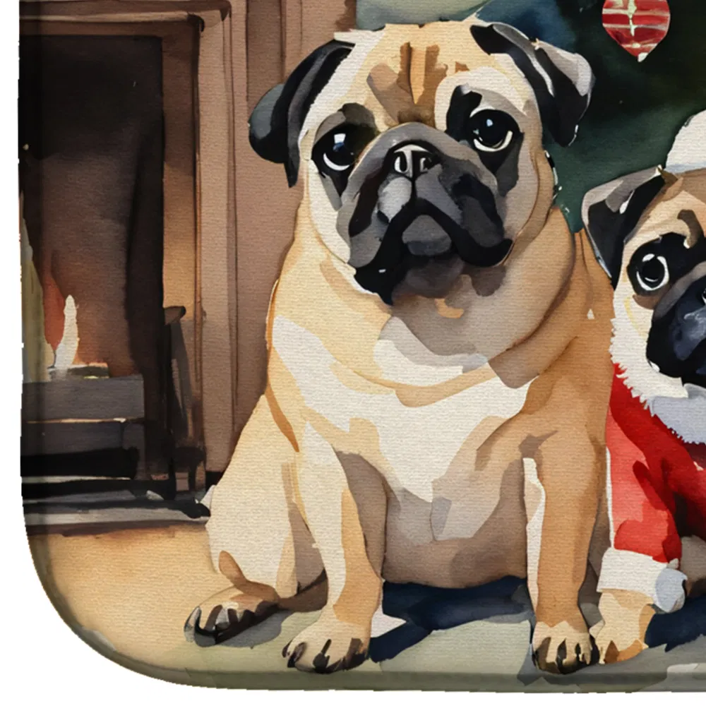 Pug Cozy Christmas Dish Drying Mat Absorbent Dish Drying Mat Pad for Kitchen Counter Dish Drainer Mat for Countertop, 14 x 21", Multicolor