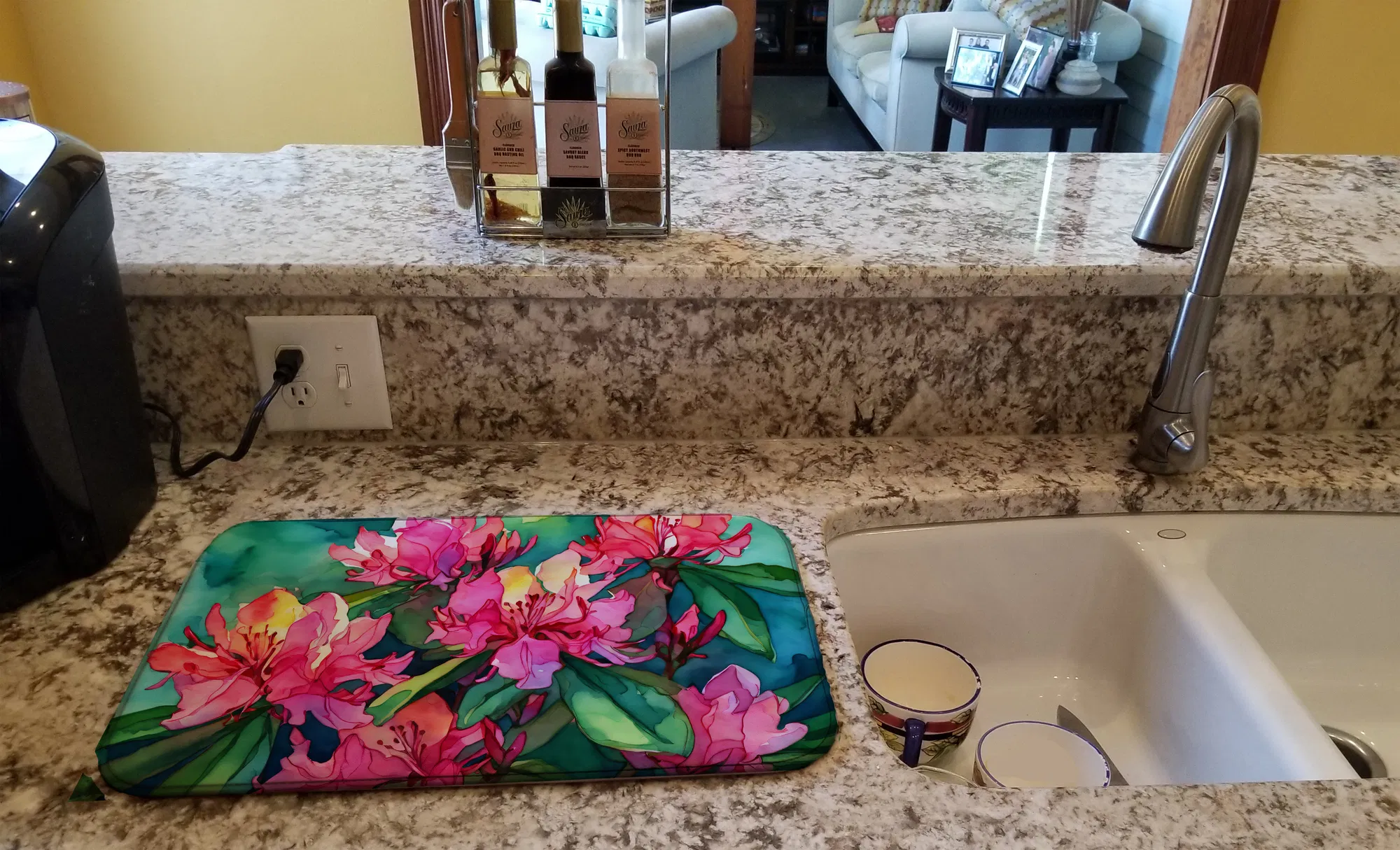 West Virginia Rhododendrons in Watercolor Dish Drying Mat Absorbent Dish Drying Mat Pad for Kitchen Counter Dish Drainer Mat for Countertop, 14 x 21", Multicolor