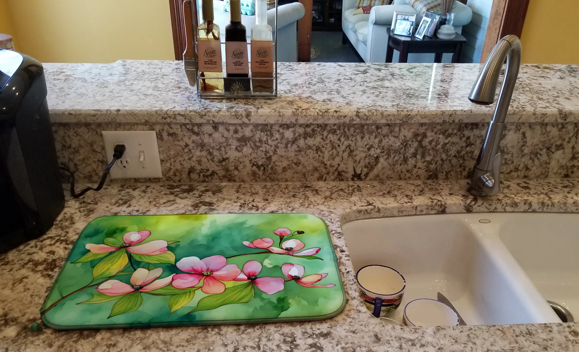 Virginia American Dogwood in Watercolor Dish Drying Mat Absorbent Dish Drying Mat Pad for Kitchen Counter Dish Drainer Mat for Countertop, 14 x 21", Multicolor
