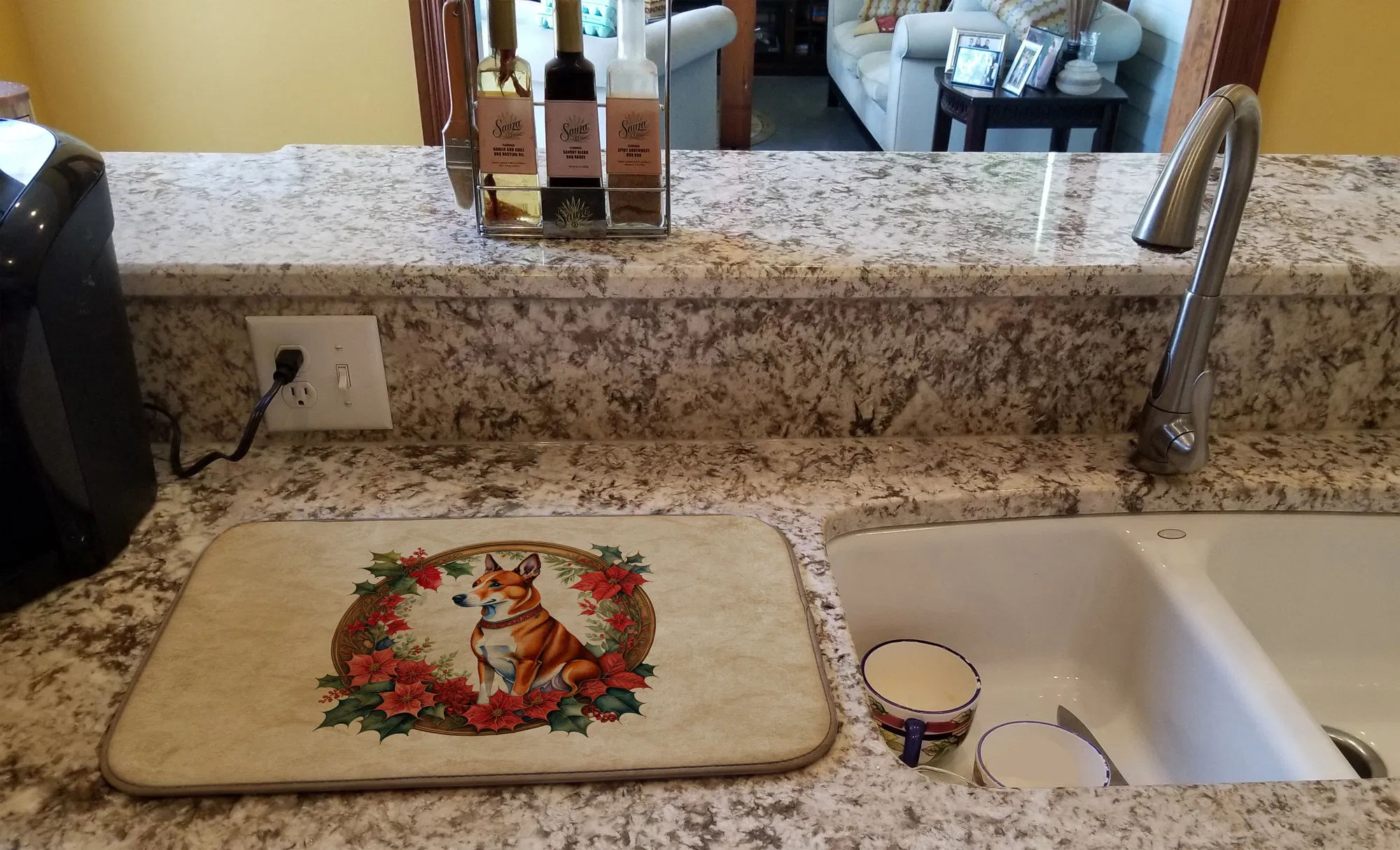 Basenji Christmas Flowers Dish Drying Mat Absorbent Dish Drying Mat Pad for Kitchen Counter Dish Drainer Mat for Countertop, 14 x 21", Multicolor