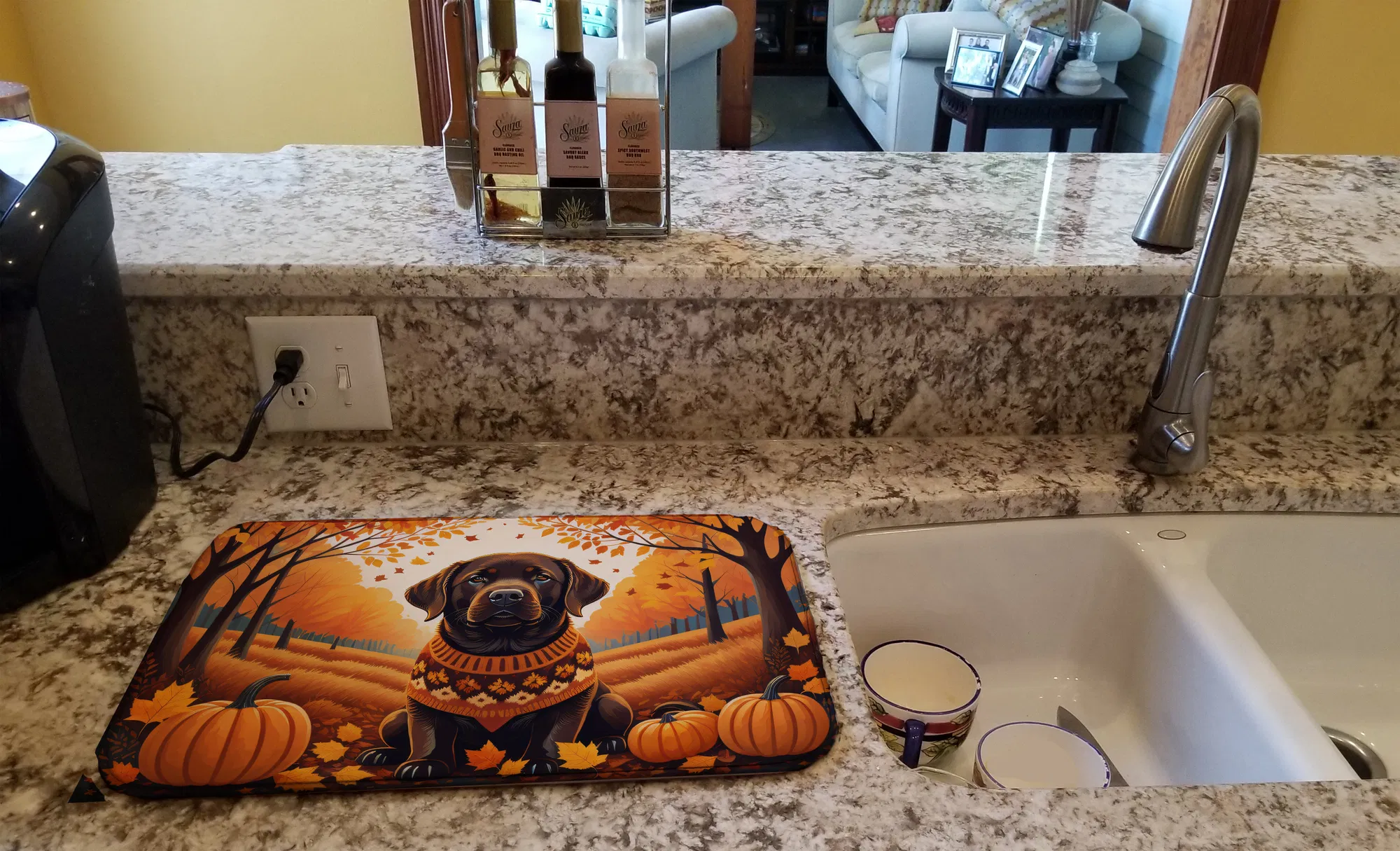 Chocolate Labrador Retriever Fall Dish Drying Mat Absorbent Dish Drying Mat Pad for Kitchen Counter Dish Drainer Mat for Countertop, 14 x 21", Multicolor