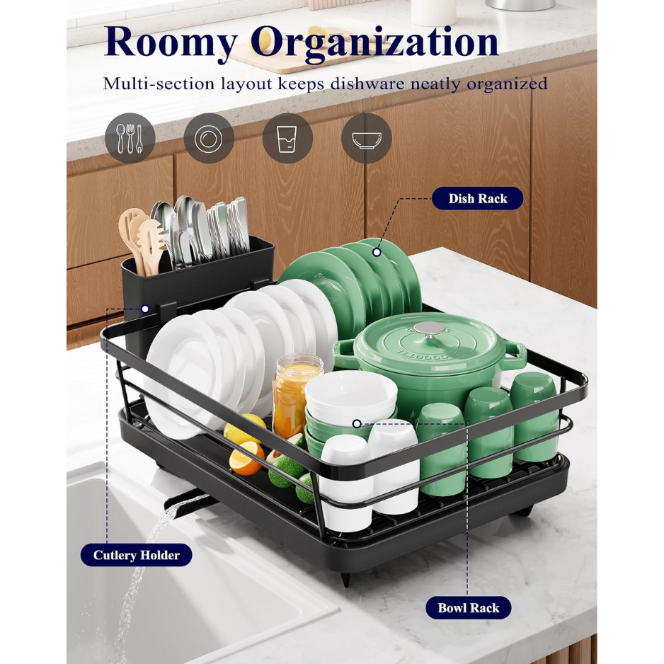 Dish Drying Rack For Kitchen Counter, 12W X 15.5L, Black Stainless Steel Sink Organization, Cutlery Holder, Home