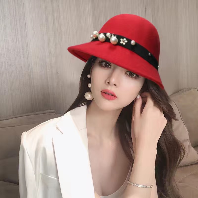 Top Hat Women's Fashion Big Brim Pearl Woolen Felt Hat