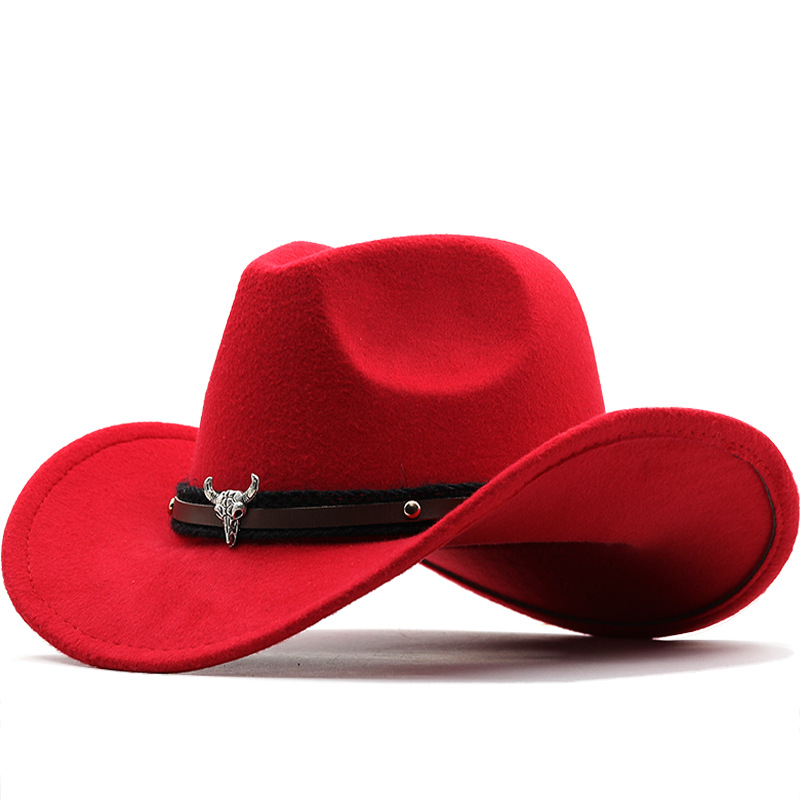 Metal Bull Head Label Western Denim Top Woolen Fedora Hat