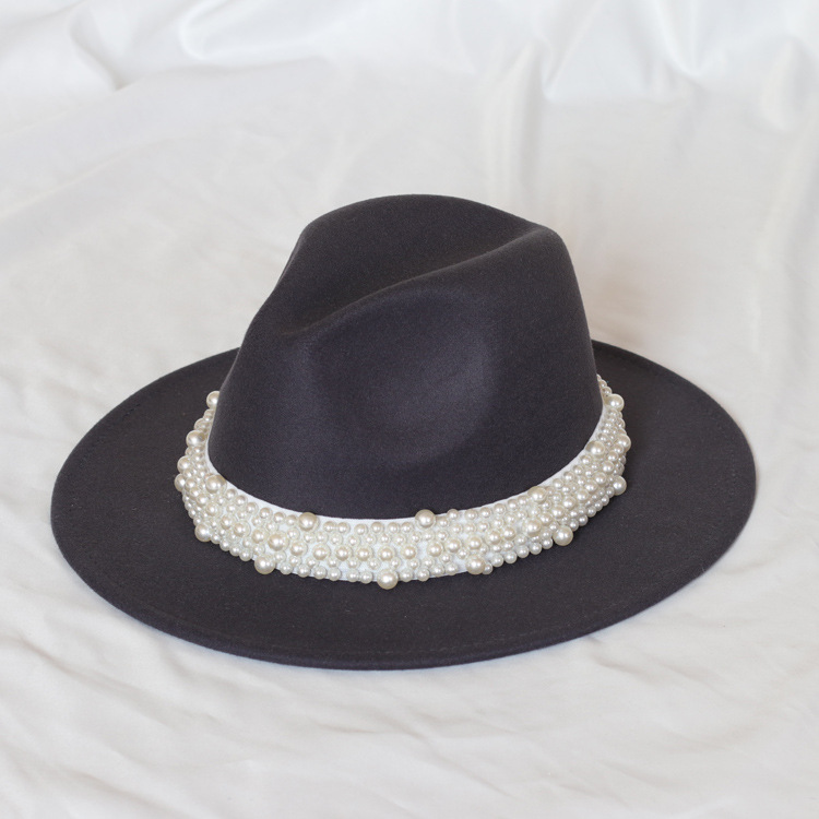 Handmade Pearl Top Hat Big Brim Fur Felt Hat