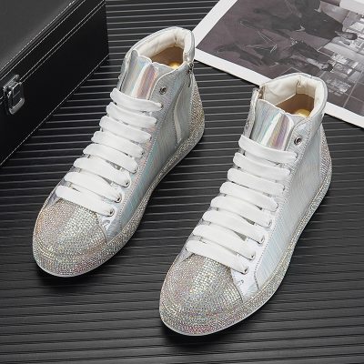 Rhinestone Inner Height Board Shoes Silver Patent Leather Colorful Laser High Top