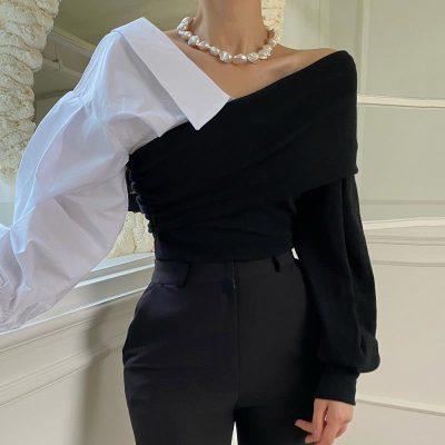 Women's V-neck Strapless Collision Color Bubble Sleeve Top Half Skirt