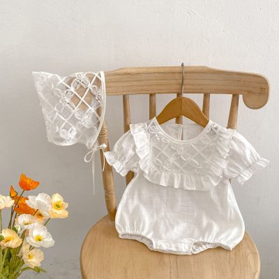 All-match Round Neck Puff Short Sleeve Jumpsuit With Hat