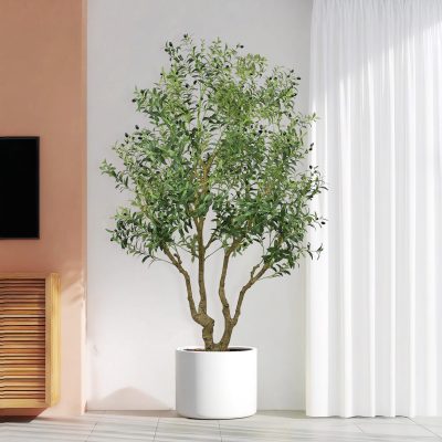 8FT Tall Artificial Olive Tree - Large Faux Potted Tree with Natural Trunk and Lifelike Olive Leaves and Fruit, Elegant Indoor/Outdoor Decorative Plant for Living Room, Office or Entryway, 1