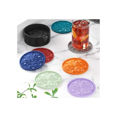 6 Pack Silicone Drink Coasters With Holder For Coffee Table Bar Desk Non-Slip Tabletop Protection Coaster Set For Home And Office