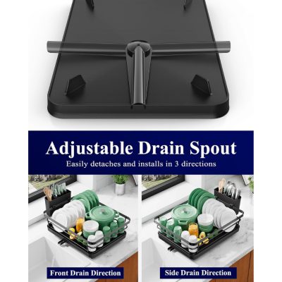 Dish Drying Rack For Kitchen Counter, 12W X 15.5L, Black Stainless Steel Sink Organization, Cutlery Holder, Home