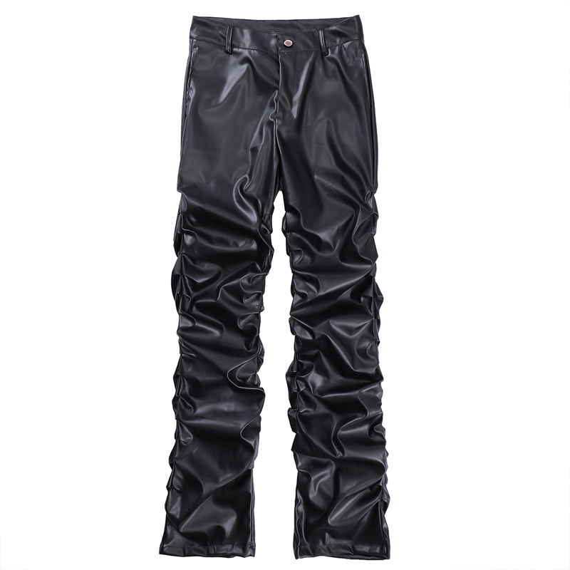 Black Pleated Casual Leather Pants