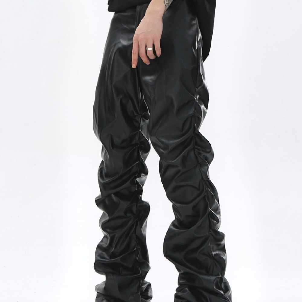 Black Pleated Casual Leather Pants