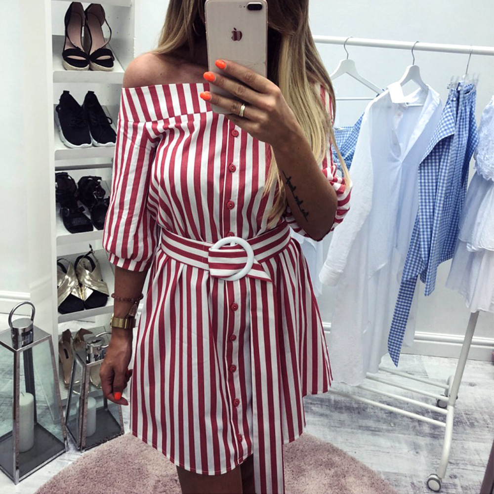 Off-neck Striped Middle Sleeve Casual Single-breasted Dress
