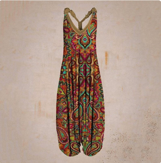 Printed Loose Large Size Haren Pants Beach Suspender Jumpsuit