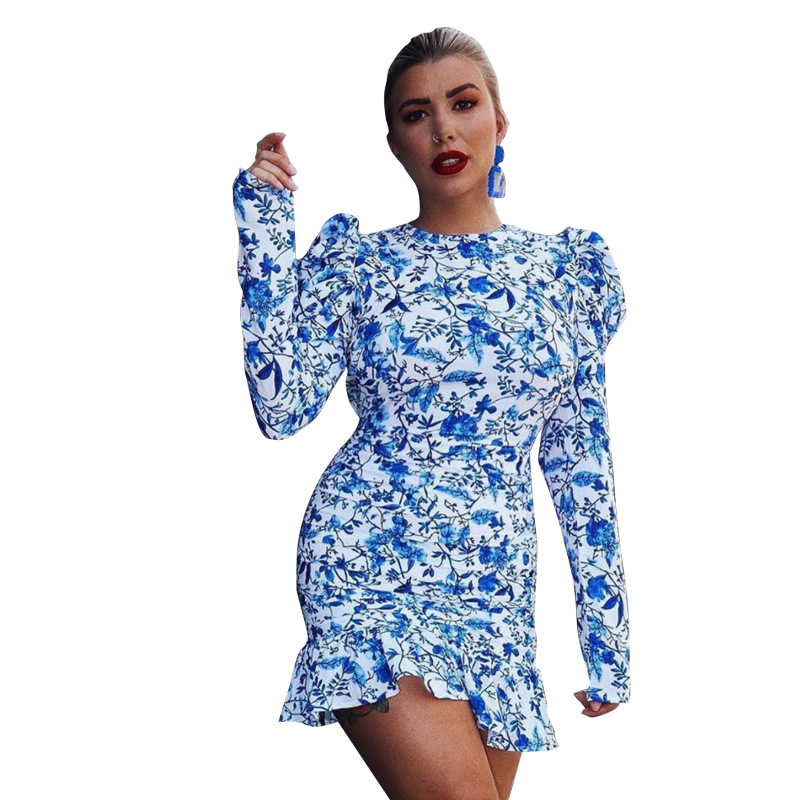 Lace-up Hanging Neck Long-sleeved Printed Slim-fit Backless Dress Female