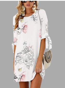 Summer Middle-sleeve Floral-print Lace-up Crew Neck Dress For Women