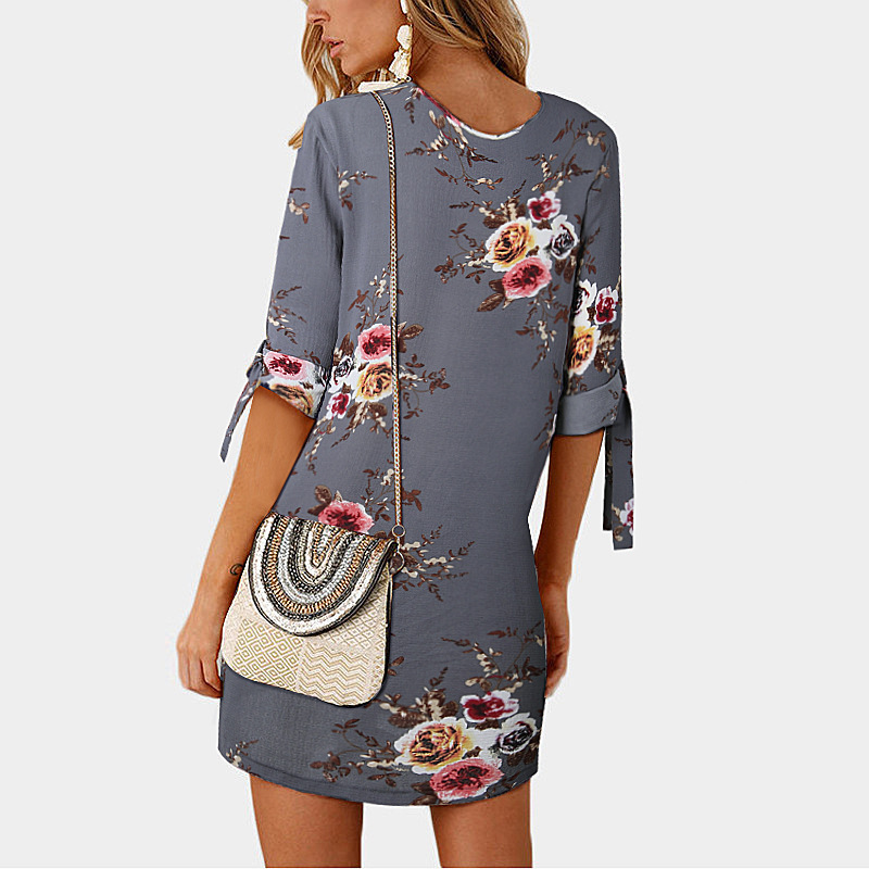 Summer Middle-sleeve Floral-print Lace-up Crew Neck Dress For Women