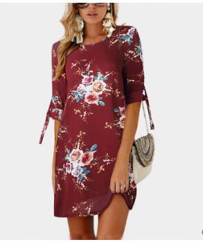 Summer Middle-sleeve Floral-print Lace-up Crew Neck Dress For Women