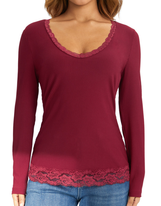 Women's Fashion Solid Color Pit Striped Lace T-shirt