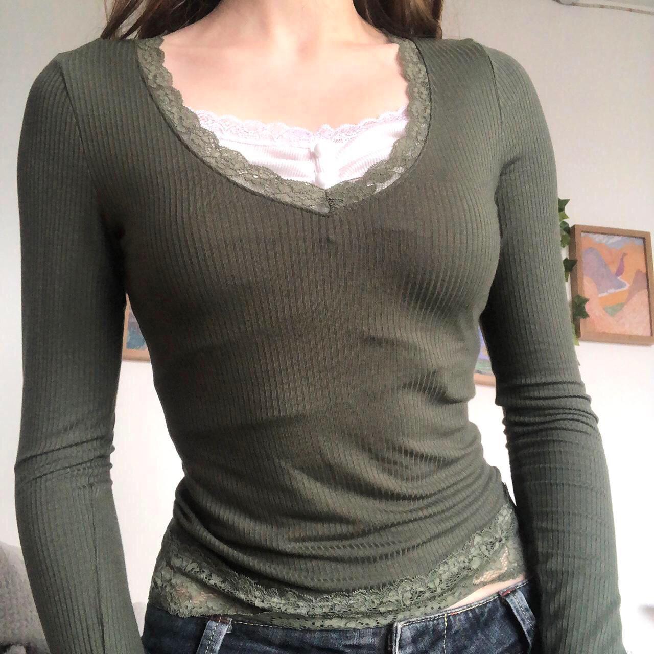 Women's Fashion Solid Color Pit Striped Lace T-shirt
