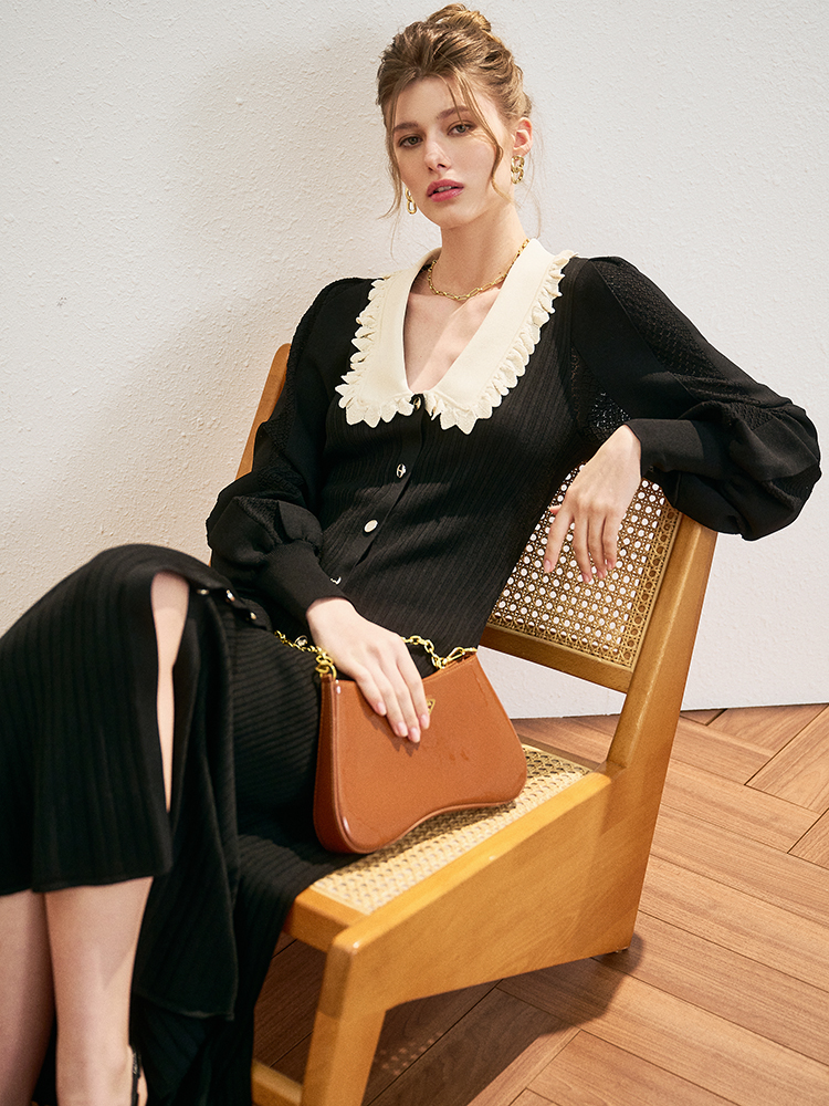 Early Autumn Color Bump Lapel Slim Sweater Women's Single Breasted Long Sleeve Small Black Long Skirt