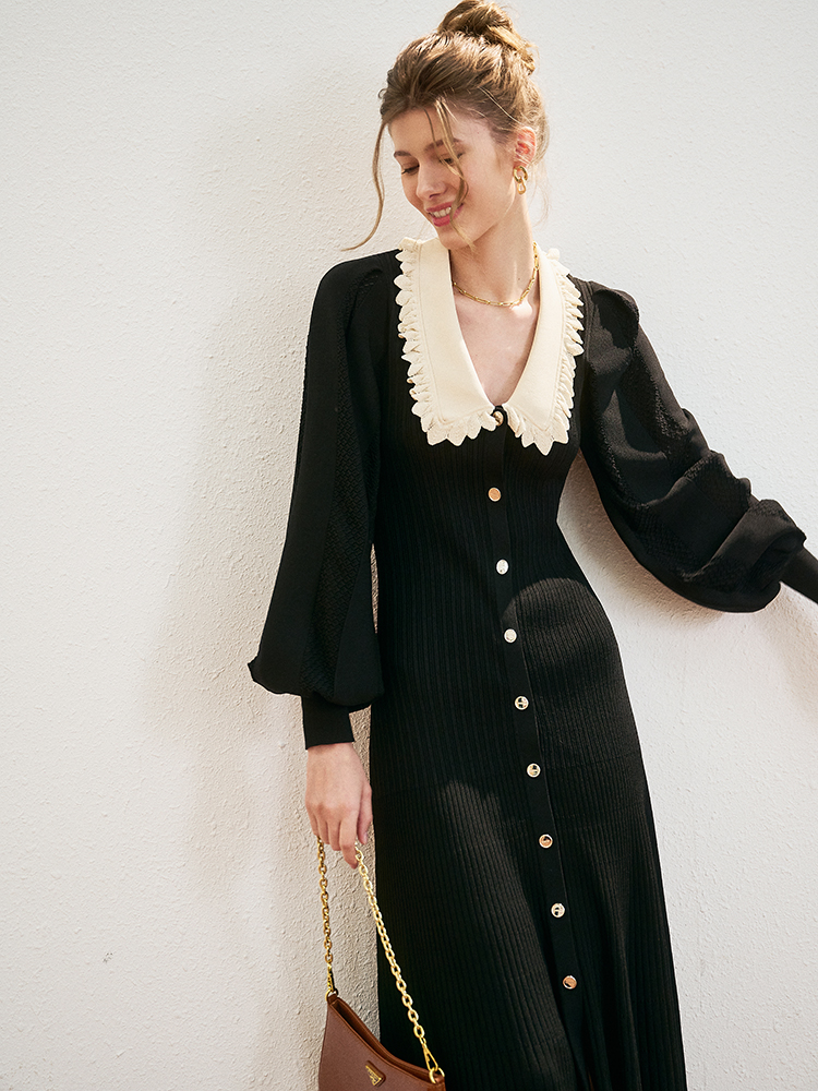 Early Autumn Color Bump Lapel Slim Sweater Women's Single Breasted Long Sleeve Small Black Long Skirt