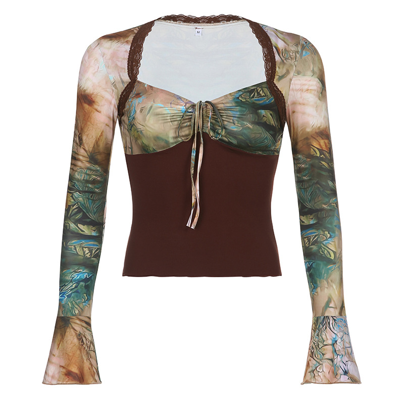 Women's Printed Lace Patchwork V-neck Bust Lace-up Top