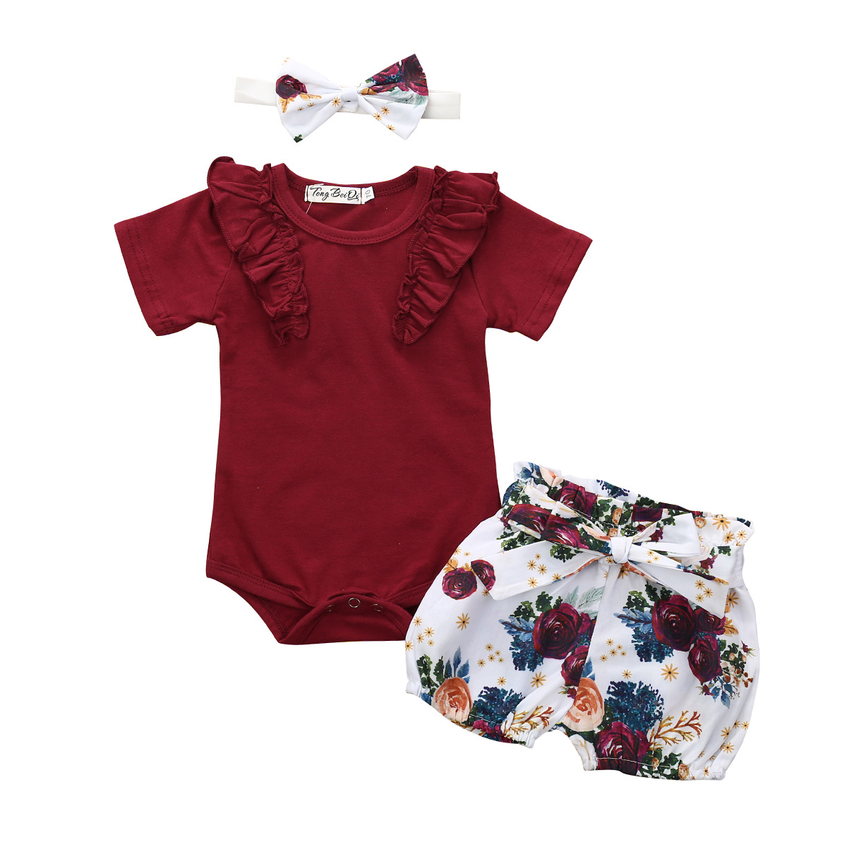 Girl Baby Set Short Sleeved Jumpsuit Crawling Suit Floral Shorts Headwear