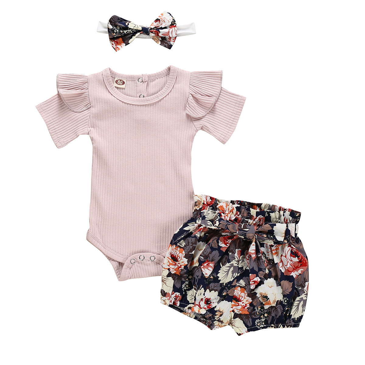 Girl Baby Set Short Sleeved Jumpsuit Crawling Suit Floral Shorts Headwear