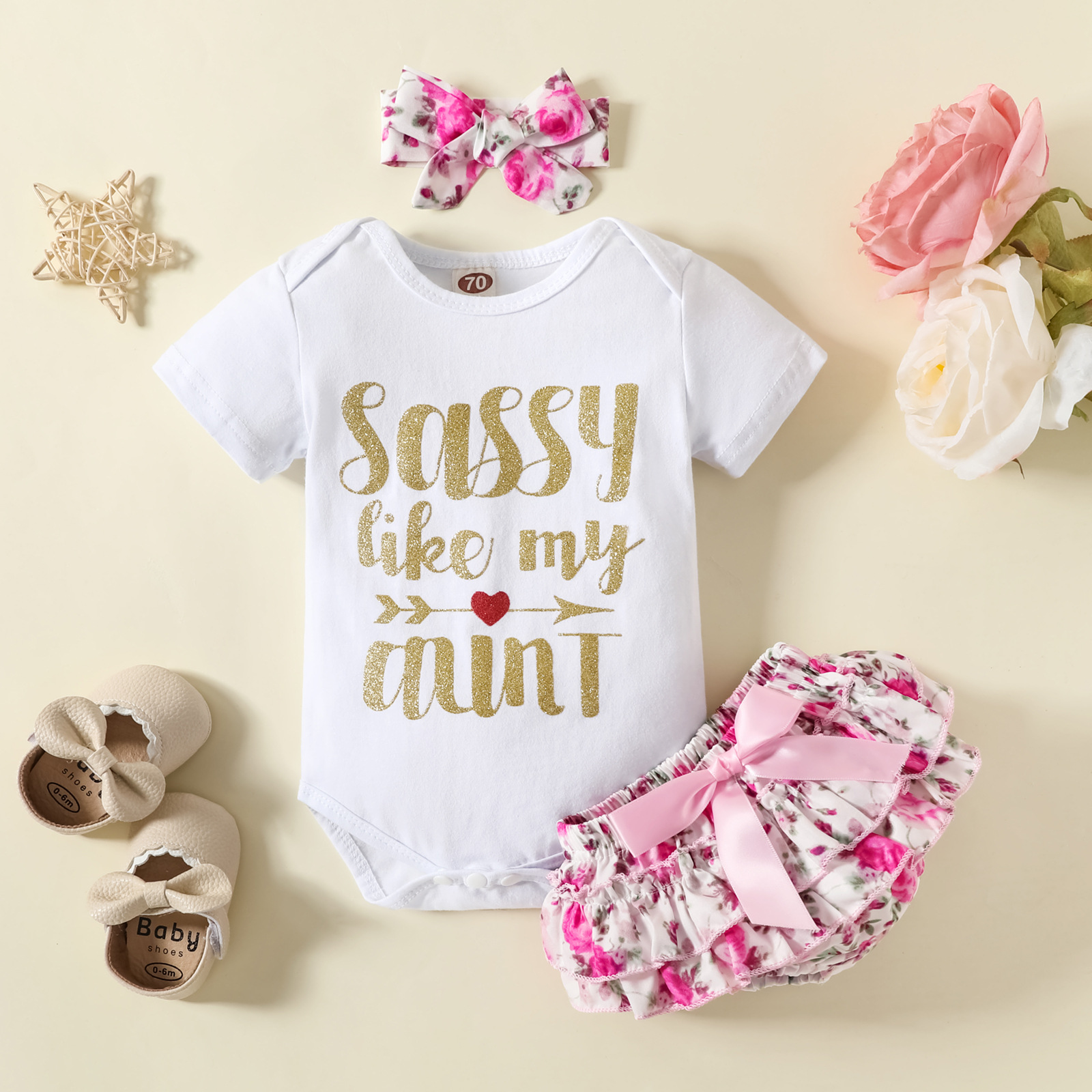 Letter Printed Romper Floral Skirt Headrope Three Piece Set