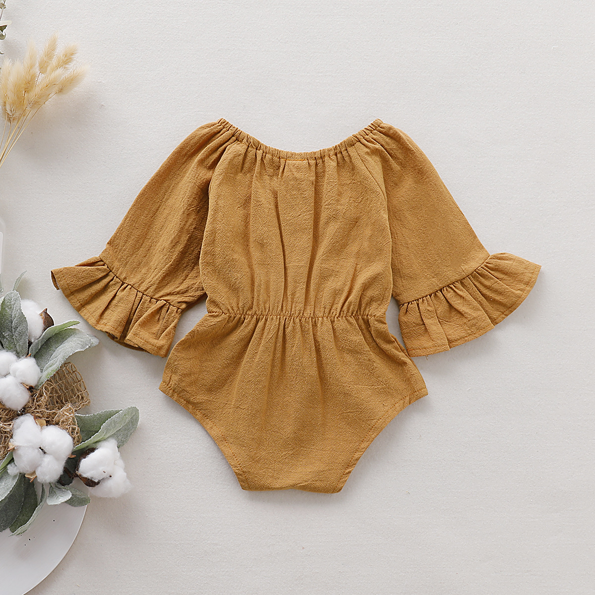 Girls' Solid Color Long Sleeve Bowknot Romper