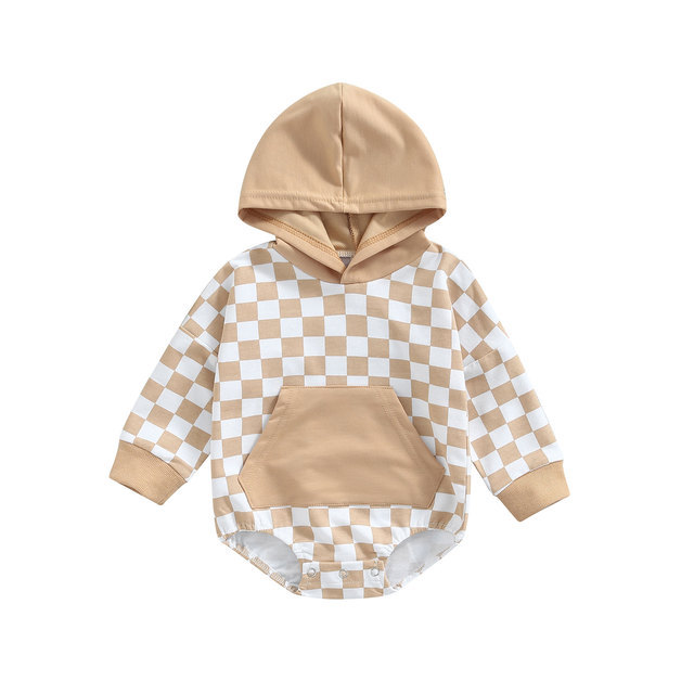 Plaid Long Sleeve Hooded Panda Bag Romper
