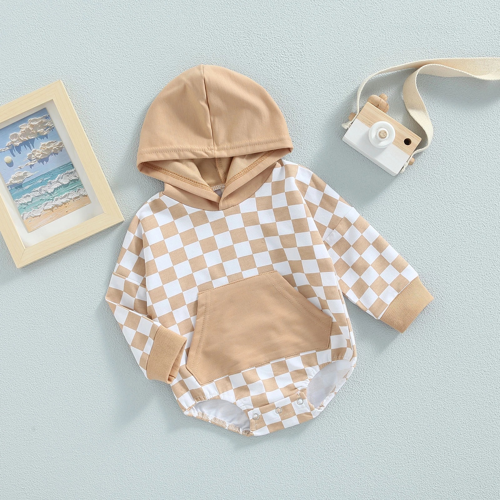 Plaid Long Sleeve Hooded Panda Bag Romper