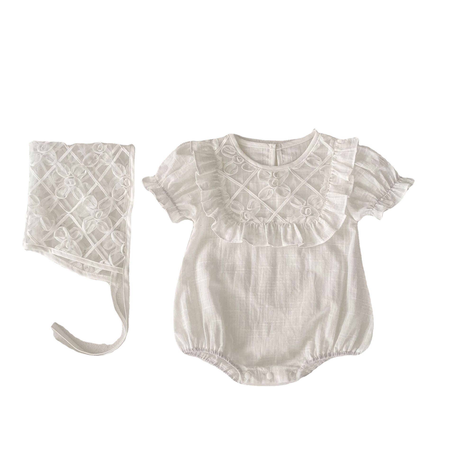 All-match Round Neck Puff Short Sleeve Jumpsuit With Hat