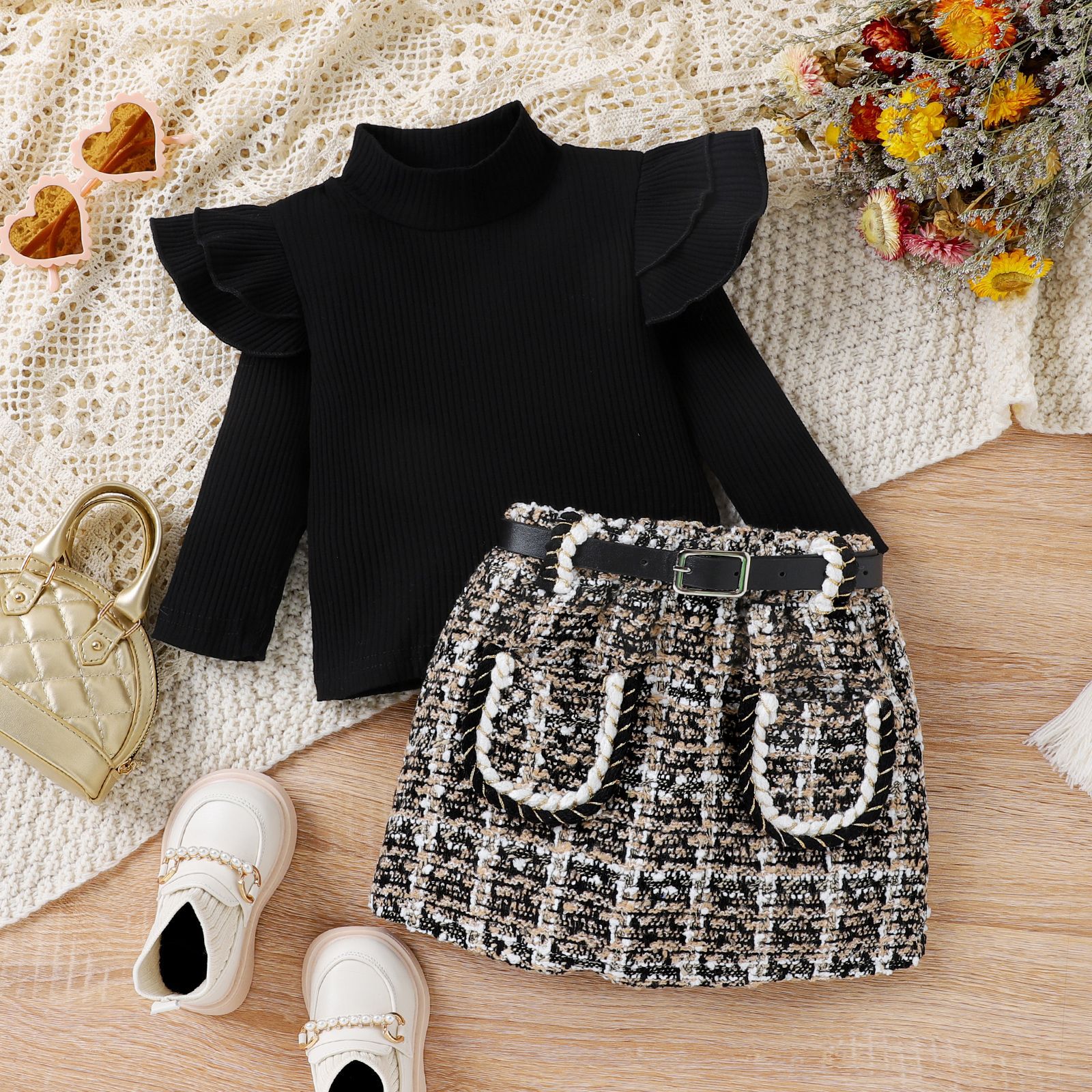 High Neck Ribbing Top Woolen Plaid Skirt Belt Girls Suit