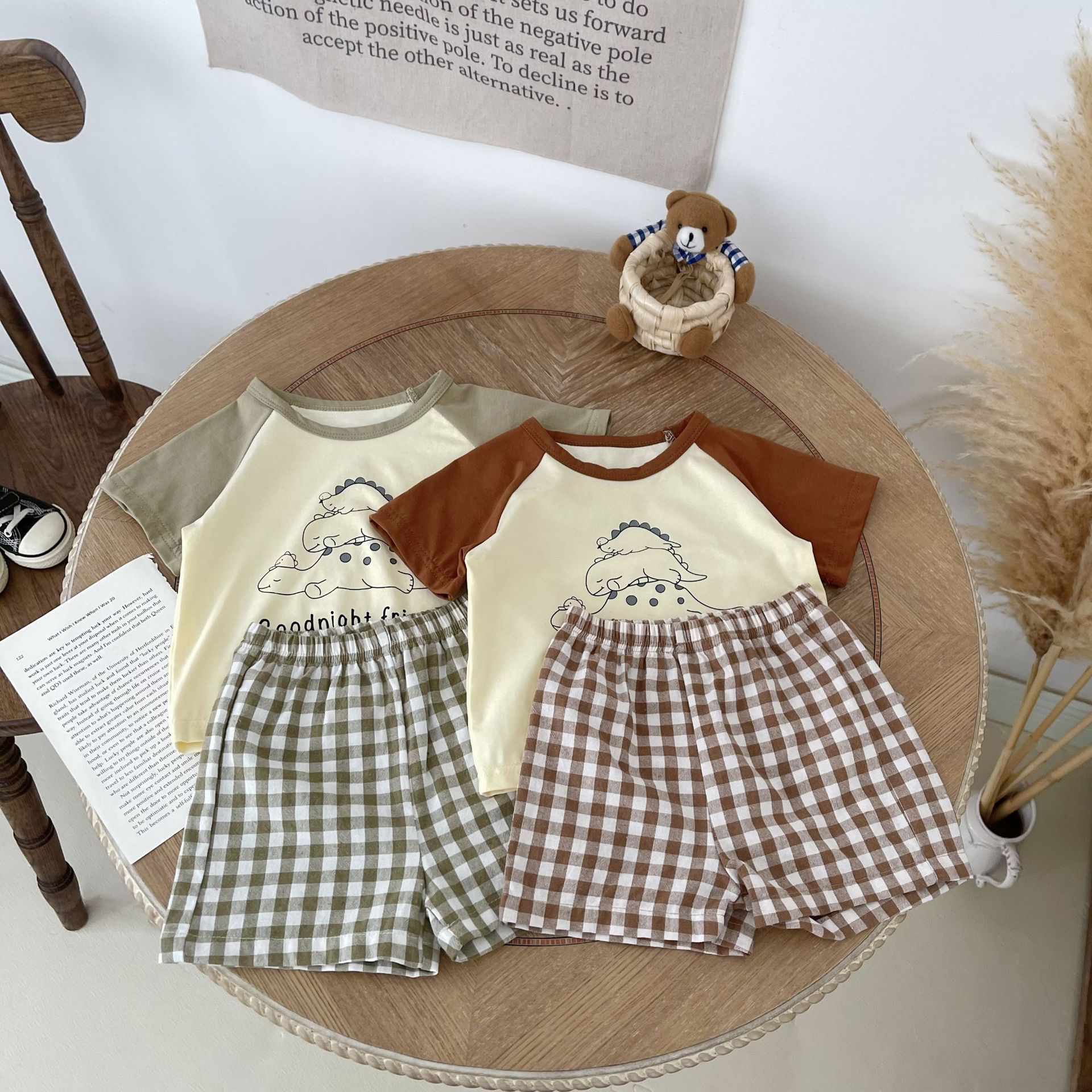 Ins Korean Style Children's Short Sleeve Two-piece Small Dinosaur Print