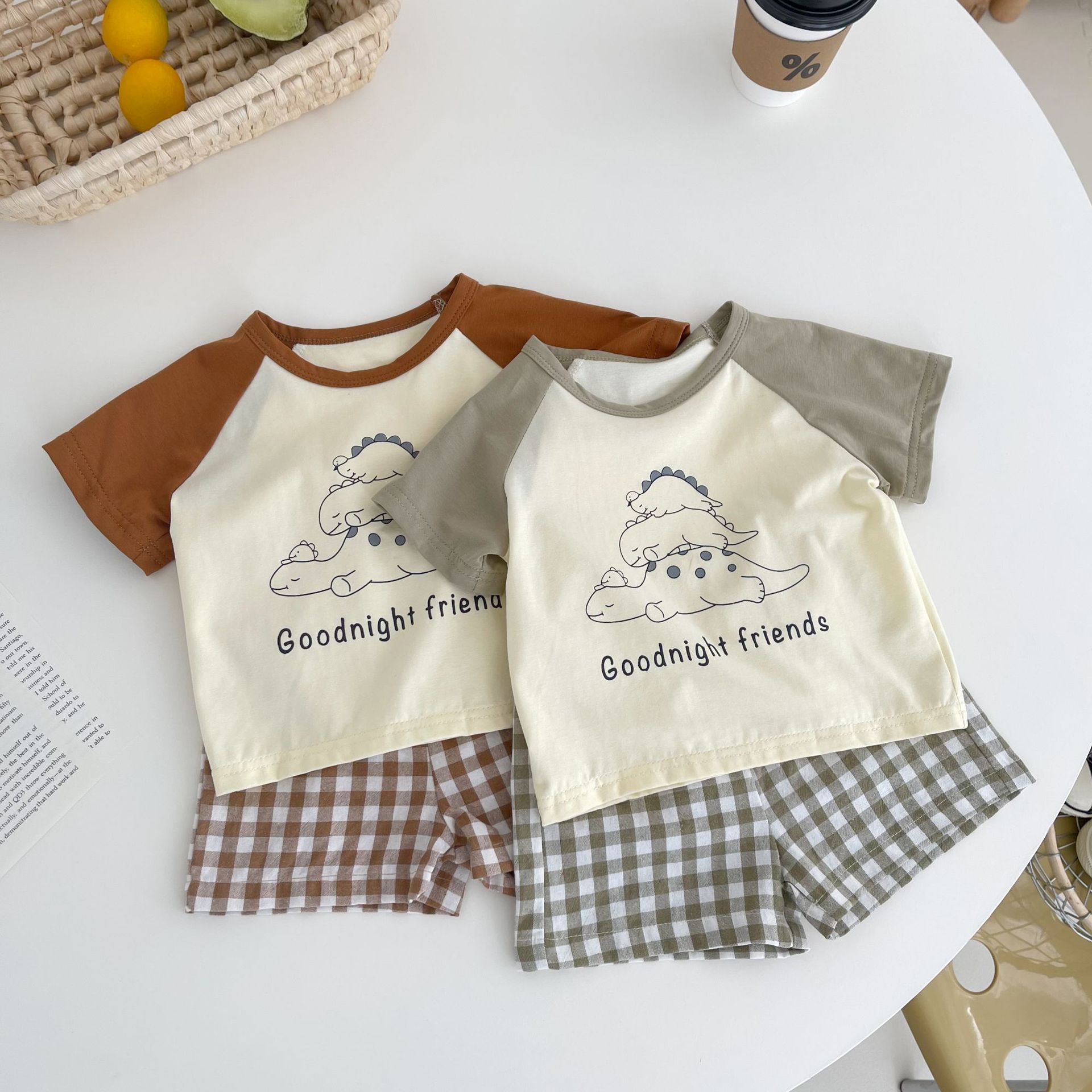Ins Korean Style Children's Short Sleeve Two-piece Small Dinosaur Print